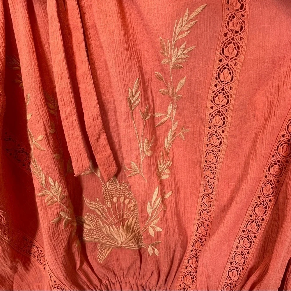 Free People Terra Cotta Maria Maria Top Ribbon Tie Gathered Waist Embroidery M